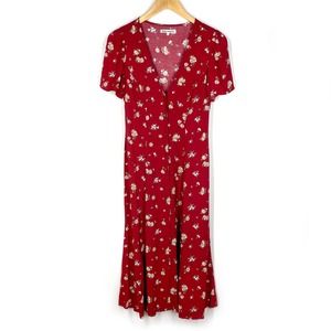 Reformation Locklin Dress Cassia Red Floral Midi Short Sleeve Summer sz 2
